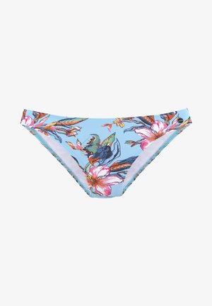 Blumen-Bikiniunterteil in Hellblau, mit lebendigen rosa und orangen Blumen, glatter Textur und einem tief geschnittenen Design.
