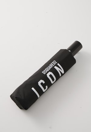 Mustmust mustra, mille viimistlusega, millel on trükitud logo "DSQUARED2 ICON" julge valge tekstiga. Kompaktne disain, stiilne käepide.