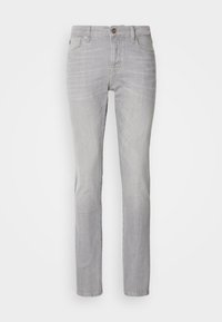 Lichtgrijze denimjeans met een recht model, voorzien van vijf zakken, een knoopsluiting en subtiele wassingdetails.