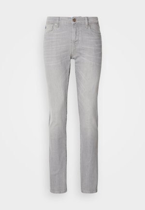 Light grey denim jeans with a straight fit, featuring five pockets, a button closure, and subtle whiskering details.