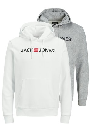 To hættetrøjer, en hvid og en grå, begge med forlommer og "JACK & JONES" logo tværs over brystet.