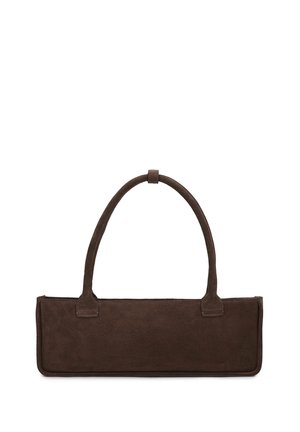 Obdélníková tmavě hnědá semišová kabelka se dvěma zaoblenými rukojetmi a jemnými detaily prošívání, zobrazena na bílém pozadí.