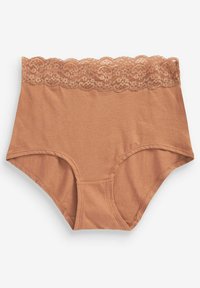 Hoge taille, beige katoenen ondergoed met een kanten rand aan de tailleband. Glad textuur en klassieke snit.