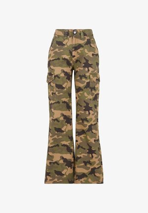 Camo cargo pants in cotton blend, featuring a multi-tone green and brown pattern, flared leg design, and two large side pockets.