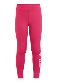 Leggings rosa realizzati in tessuto elastico, con una ampia vita e dettagli grafici bianchi sulla parte inferiore della gamba. Texture liscia, design aderente.