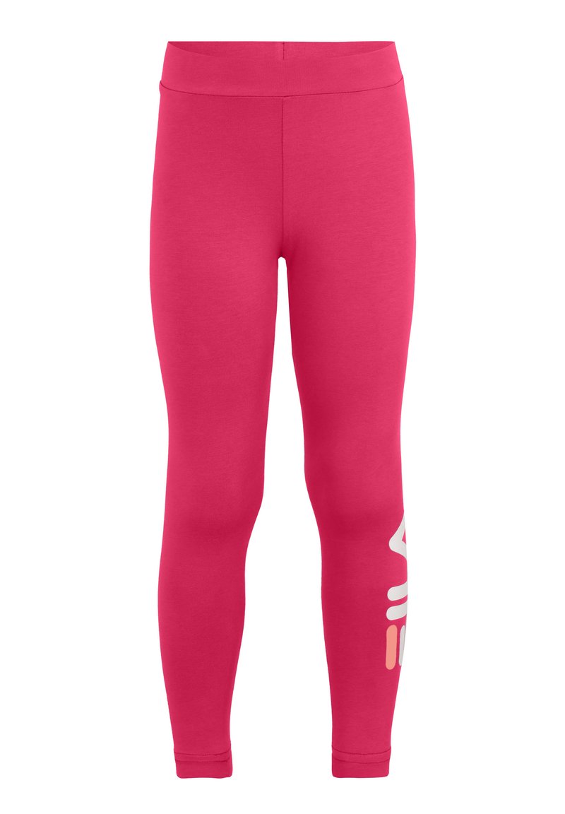 Leggings rosa realizzati in tessuto elastico, con una ampia vita e dettagli grafici bianchi sulla parte inferiore della gamba. Texture liscia, design aderente.