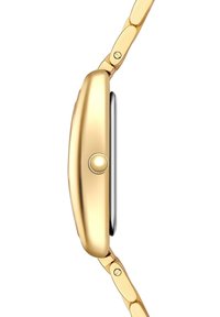 Kuldtooni nutikell, millel on ümar korpus, sile pind ja silmapaistev külg nupp. Rihm koosneb omavahel seotud kuldsetest segmentidest.