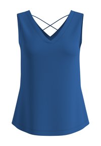 Haut bleu sans manches pour femme avec col en V et fines bretelles croisées dans le dos, tissu uni, et ourlet légèrement évasé.