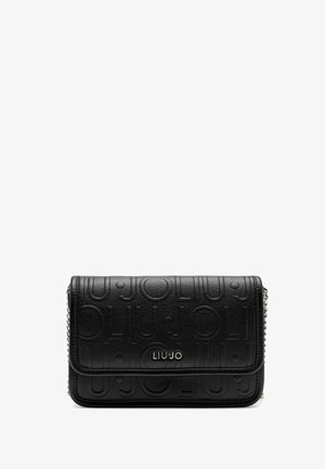 Black textured leather handbag with embossed logo pattern, featuring a flap closure and chain strap for versatility.
