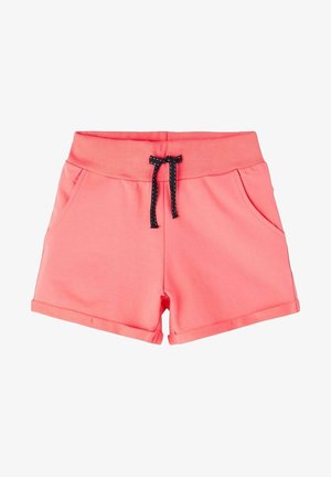 Lyserøde strikkede shorts med ribkant i taljen, sort snor med hvide syninger, sidelommer og opsmøgede kanter.