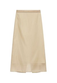 Light beige knee-length skirt with a straight cut and subtle sheen, featuring a simple waistband and a slightly sheer fabric finish.