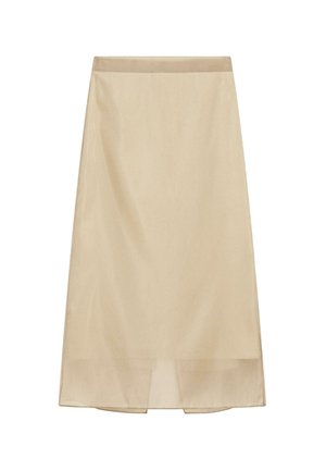 Jupe beige clair longueur genou avec une coupe droite et un léger brillant, dotée d'une taille simple et d'une finition en tissu légèrement transparent.