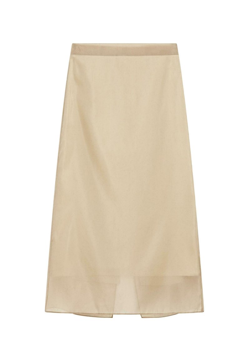 Light beige knee-length skirt with a straight cut and subtle sheen, featuring a simple waistband and a slightly sheer fabric finish.