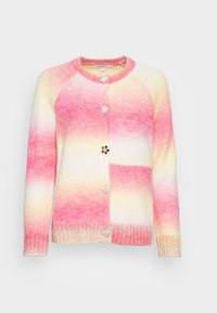 Cardigan multicolore con una sfumatura di rosa, giallo e bianco. Realizzato in morbido materiale a maglia con scollo rotondo e dettagli decorativi con bottoni.