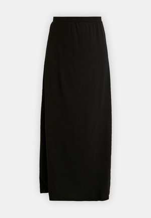 Schwarzer Maxirock aus weichem Jersey-Material, mit einem elastischen Taillenbund und einem seitlichen Schlitz für mehr Bewegungsfreiheit.