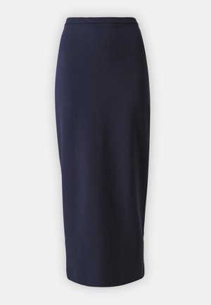 Marineblå, knelengde blyantskjørt laget av myk, elastisk stoff. Har høy midje og en glatt, strømlinjeformet silhuett. Ingen synlige mønstre.