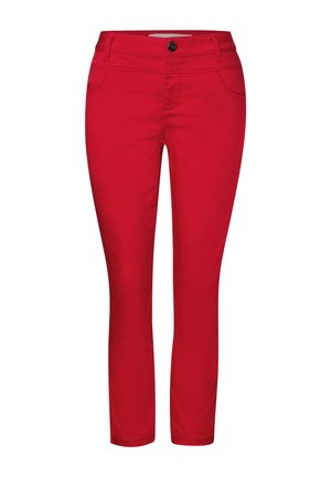 Røde bomuldsblandede bukser med et tætsiddende design, der har en knaplukning, to sidelommer og en glat, tekstureret overflade.