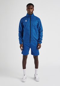 Blå lättviktsjacka med dragkedja och elastiska muddar, i kombination med blå shorts. Modellen bär vita sneakers och strumpor, stående mot en enkel bakgrund.
