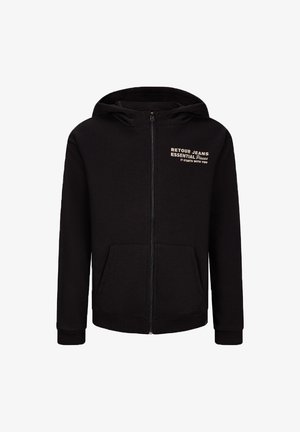 Felpa nera con zip realizzata in tessuto morbido, dotata di tasca a marsupio, polsini a costine e cappuccio, con scritte bianche stampate sul petto sinistro.