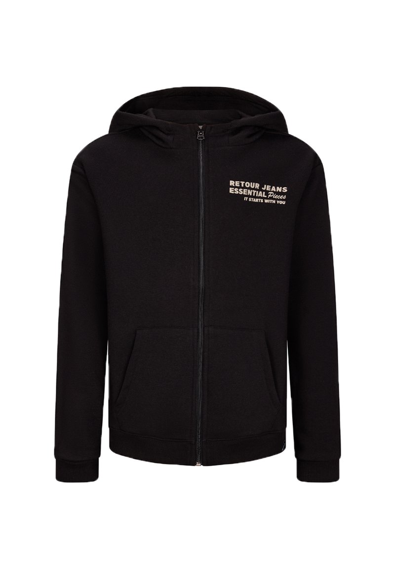 Zwarte rits hoodie gemaakt van zachte stof, met een kangoeroezak, ribgebreide boorden en capuchon, met witte bedrukte tekst op de linker borst.