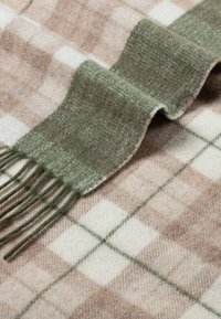 Wolldecke mit einem karierten Muster in sanften Beige- und Grüntönen, mit fransigen Kanten für zusätzliche Textur.