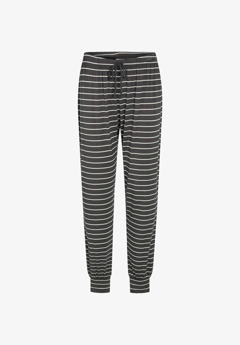 Grå pyjamasbyxor med vita horisontella ränder, elastisk midja med dragsko, avsmalnande anklar och slitstark, lätt tyg.