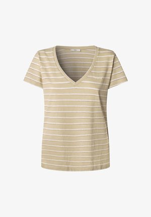 Beeživ kaelusega lühikeste varrukatega t-särk, millel on peened valged horisontaalsed triibud ja vasakul rinnal peen logo.