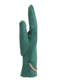 Guanto in suede verde con finitura testurizzata, polsino lungo e un accento in catena dorata sul polso per un tocco in più.
