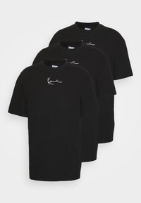 Black t-shirts made of cotton, featuring short sleeves and a crew neck, with a white signature-style logo on the chest.