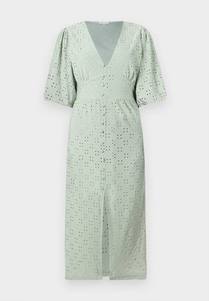 Lys grønn midi-kjole med puffermer, V-hals og knappelukking. Detaljert øye-mønster over hele, med en høyt splittet skjørt og teksturert stoff.