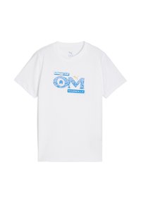 Valge t-särk, millel on sinised ja kuldsed "Olympique de Marseille" ja "OM" logod, modernse ja sportliku disainiga.