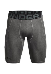 Graue, enganliegende Sportshorts mit einem schwarzen, markierten Taillenbund. Hergestellt aus glattem, strukturiertem Stoff mit verstärkten Nähten und Konturen.