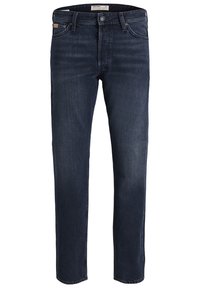 Vaqueros de mezclilla azul oscuro con corte recto. Cuenta con cinco bolsillos y una etiqueta de marca visible en la cinturilla. Diseño clásico con un mínimo de desgaste.