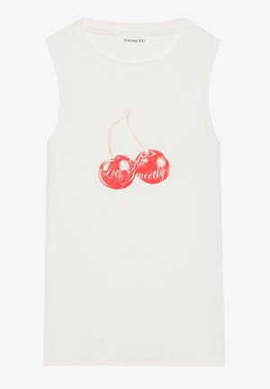 White sleeveless top made of cotton with a ribbed texture, featuring a red cherry graphic with the text "Love Sweet."