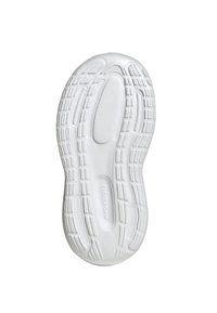 Suela de zapatilla atlética blanca de goma con patrones texturizados, surcos y marcas. Presenta un diseño redondeado y flexible para mayor comodidad y tracción.