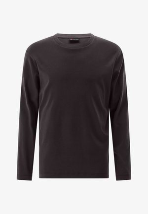 Langärmliges T-Shirt aus schwarzer Baumwolle mit Rundhalsausschnitt, glatter Textur und einfachem Design; hat keine sichtbaren Muster oder Akzente.