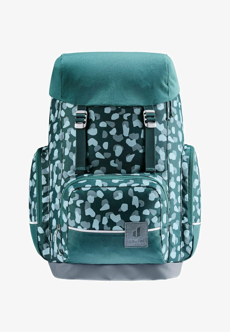 Green backpack with a speckled pattern in light blue and gray. Features adjustable straps, front pocket, and a textured fabric finish.
