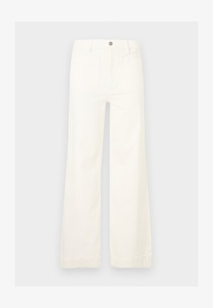 Belo široke hlače iz bombaža. Imajo sprednjo zaponko na gumb, zanke za pas in dva zadnja žepa. Gladek tekstura s čistim zaključkom.