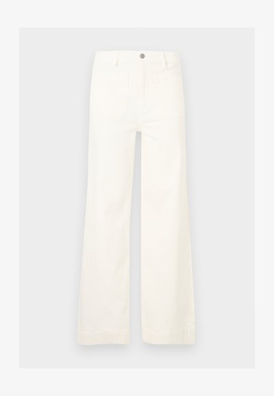Pantalon blanc à jambes larges en coton. Comprend un bouton à l'avant, des passants pour ceinture et deux poches arrière. Texture lisse avec une finition nette.