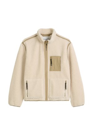 Beige fleece jacket with a front zipper, featuring two zippered lower pockets and a chest pocket in a contrasting light brown fabric.