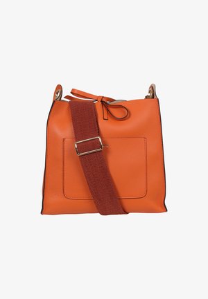 ORANGE Lederhandtasche mit einem braunen geflochtenen Riemen, ausgestattet mit einer Fronttasche und einem Schleifenakzent oben. Glatte Textur, strukturiert Form.