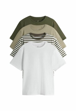 Four T-shirts displayed: white, olive green, khaki, and striped. Short sleeves, round necklines, cotton material, relaxed fit.