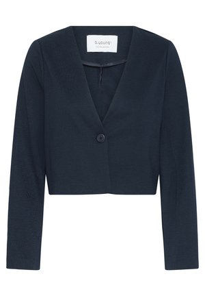 Gekürzter schwarzer Blazer mit langen Ärmeln, tiefem V-Ausschnitt und einem einzelnen Knopfverschluss in der Mitte.