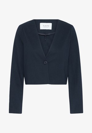 Gekürzter schwarzer Blazer mit langen Ärmeln, tiefem V-Ausschnitt und einem einzelnen Knopfverschluss in der Mitte.