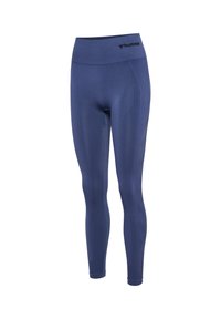 Hoch taillierte marineblaue Leggings aus Stretchstoff mit glatter Textur. Verfügt über ein Logo am Taillenbund und konturierende Nähte.