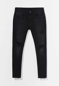 Černé skinny džíny s poškozenými záplatami na stehnech a třepenými okraji, s předními kapsami a zapínáním na knoflík.