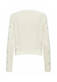 Pull en maille crème avec design en torsades, longueur cropped, manches longues et accents de broderie florale bleue sur les manches.