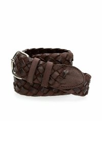 Cintura in pelle intrecciata di colore marrone scuro. Presenta una fibbia in metallo argentato, finitura liscia e due passanti in pelle per la regolazione e una vestibilità sicura.