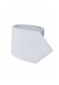 Vaaleansininen kravatti, joka on valmistettu teksturoidusta kankaasta, rullattu, teräväkärkinen ja hienovaraisesti kuvioitu, sopii virallisiin tilaisuuksiin.