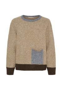 Beige uldsweater med mørkebrune kanter og manchetter, grå rundt halsudskæring og en grå lappelomme på forsiden til højre.